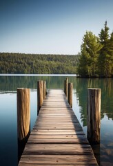 Obraz premium serene lake weathered wooden pier extending into tranquil waters, old, calm, view, stretching, waterside, peaceful, vintage, dock, rustic, aged, quiet, still