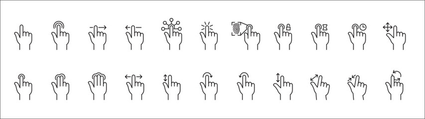 Obraz premium Finger touch screen gesture icon set. Touch and swipe gesture vector icons. Touch screen operation and navigation symbol. Contain icon like double tap, long click, zoom, move. Vector stock image.