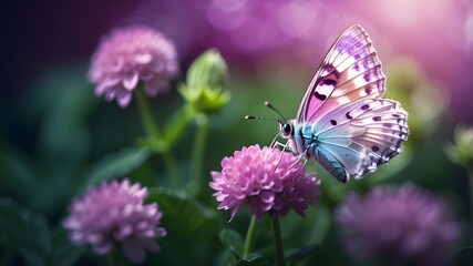 Obraz premium A mesmerizing macro shot revealing the enchanting sight of a butterfly resting on a clover flower, illuminated by the gentle radiance of transparent violet light, offering a refined and subtle artisti