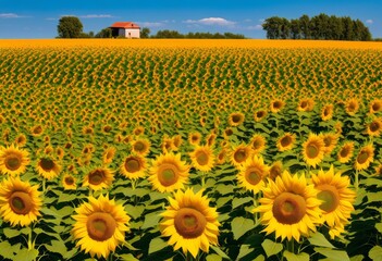 Naklejka premium vast sunflower fields stretching under clear blue agricultural landscape beauty, sky, agriculture, nature, rural, farm, yellow, petals, blossom, growth