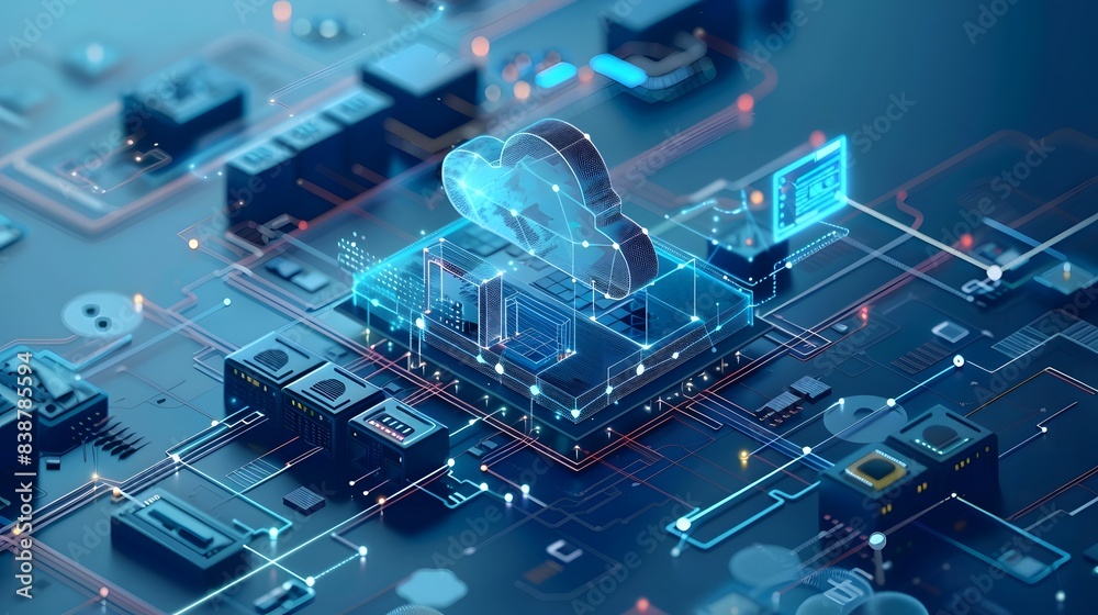 Poster a cad software operating on a cloud platform, highlighting features like remote access, real-time co