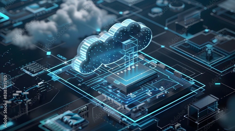 Poster a cad software operating on a cloud platform, highlighting features like remote access, real-time co