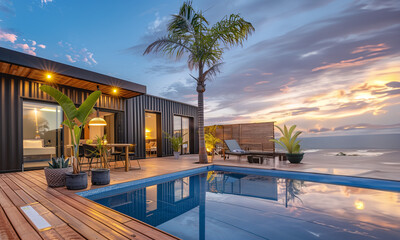Fototapeta premium a wide angle beach front modern luxury prefab home, sunset - a plunge pool, an ocean front patio oasis with potted plants, lap pool and folding doors to create an indoor outdoor space.