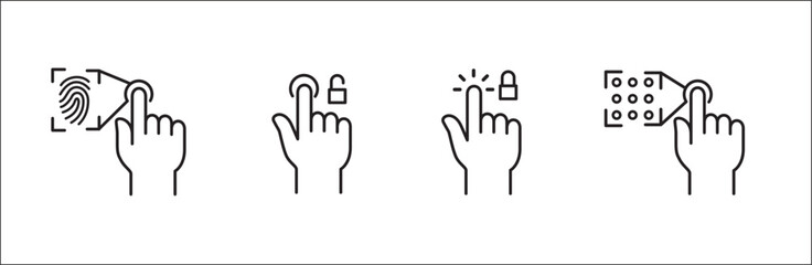 Finger print lock touch icons. Pattern screen lock unlock symbol. Finger touch screen gesture icon set. Vector stock icon isolated on white. Graphic design for button template and illustration.