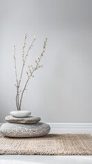 Minimalist zen room interiors with copyspace for text. Zen interior design composition with minimal decor and copyspace.