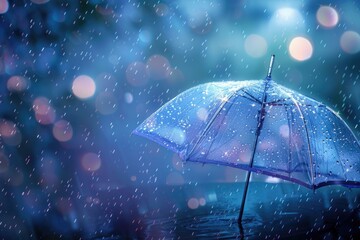 Transparent umbrella under rain against water drops splash background. Rainy weather concept