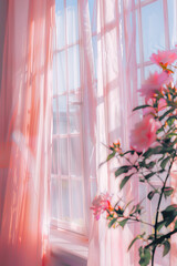 Photo of pink sheer curtains in front of large windows, outside is a sunny day, in a pastel style, with lighting and roses. Summer spring flower aesthetic.