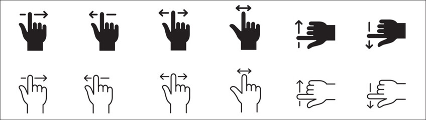 Finger touch screen gesture icon set. Swipe to up, down, left and right icon. Vector stock icon isolated on white. Graphic design for button template and illustration.