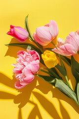 Pink tulips and pink peonies on a yellow background, shadows from the sun create a spring mood in the style of a wallpaper. Summer flower aesthetic.