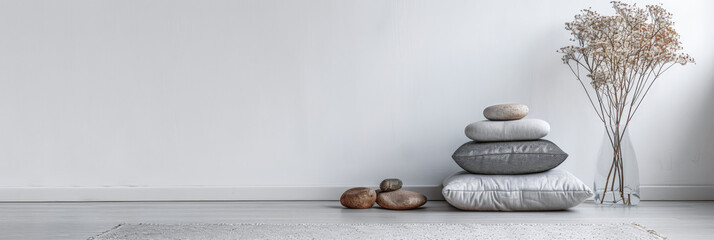 Minimalist zen room interiors with copyspace for text. Zen interior design composition with minimal decor and copyspace.