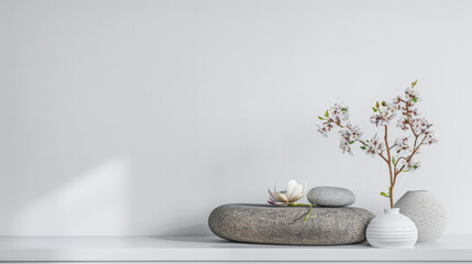 Minimalist zen room interiors with copyspace for text. Zen interior design composition with minimal decor and copyspace.