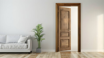 Modern living room interior with a wooden door, white couch, and a plant. Minimalist home decor emphasizing simplicity and natural elements.