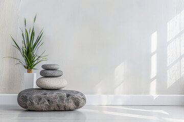 Minimalist zen room interiors with copyspace for text. Zen interior design composition with minimal decor and copyspace.