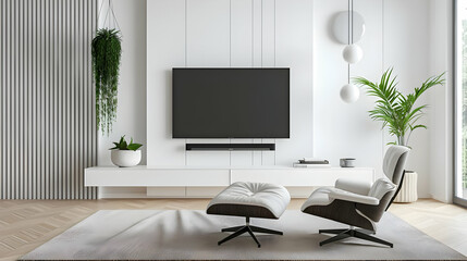 Modern living room with elegant furniture, flat screen TV, and indoor plants creating a stylish and relaxing environment.