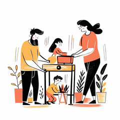 Parents with children assembling furniture in the children's room, illustration, vector, generating ai	
