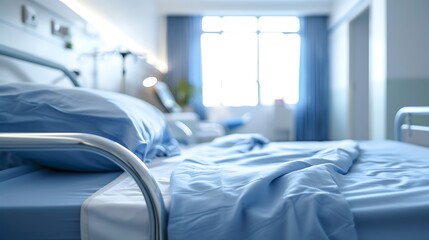 hospital bed with blurred hospital interior in the background,