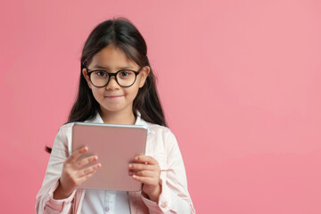 Fototapeta premium Young girl with glasses holding a tablet against a pink background