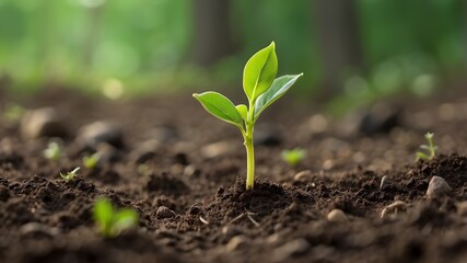 An intimate glimpse of a young green sprout pushing its way through the earth, heralding the arrival of spring and the renewal of nature's cycle.