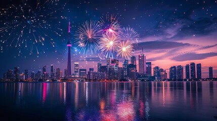 Fototapeta premium Fireworks exploding over a city skyline