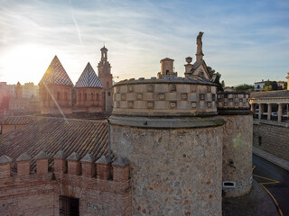 Aerial view landscape, sunset over historic buildings in Mallorca, Spain.