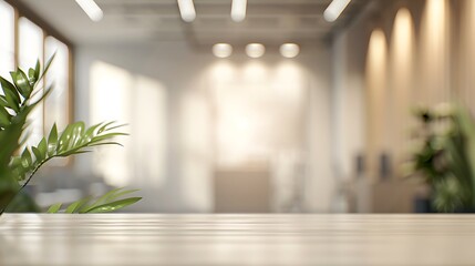 Beautiful blurred background of a light modern office interior with panoramic windows and beautiful lighting.
