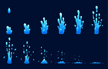 Water splash sprite sheet animation for FX effect of fountain splashing drops, cartoon vector. Water jet splash motion sprite sheet frame of 2D FX effect of drop or droplets falling in puddle splatter