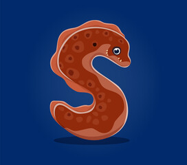 Sea animals in underwater font, letter S as muraena moray cartoon character, vector undersea alphabet. Sea animals font or ocean ABC typeface with moray eel fish in letter S for tropical undersea type