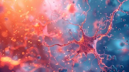 Abstract close-up of a neuron and its neural network in vibrant colors, depicting the complexities of brain activity and neural connections.