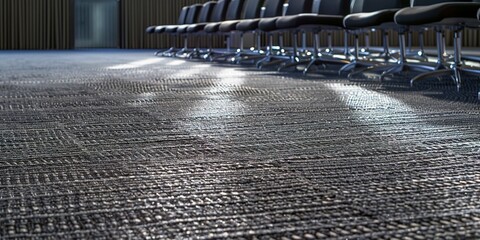 Close-up of woven carpet texture in conference room, detailed pattern, night light, no people 