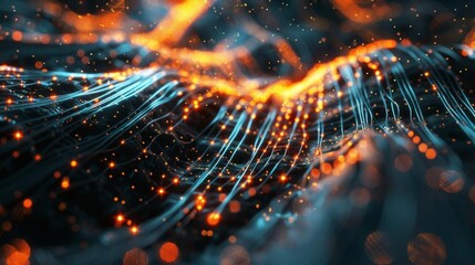 Abstract digital landscape with glowing orange and blue particles, showcasing futuristic technology and data flow.