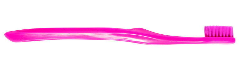 Freisteller auf Weiß, pinke ergonomisch geformte Zanhbürste seitlich, dichtes Borstenfeld