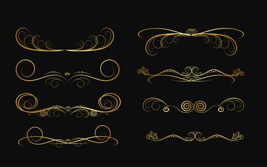 Decorative swirls dividers, old text delimiter, golden calligraphic swirl ornaments, vintage divider	