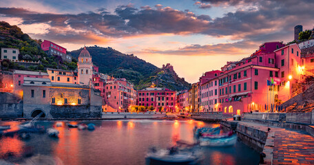 Amazing sunrise on the one of five towns that make up the Cinque Terre region - Vernazza. Wonderful...
