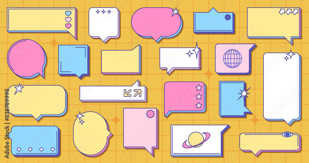 Fototapete Retro Memphis speech bubbles in 80s style. Vector set of dialogue balloons in array of shapes and sizes, with playful symbols like hearts, stars and planets. Pink, blue, yellow text boxes on grid page