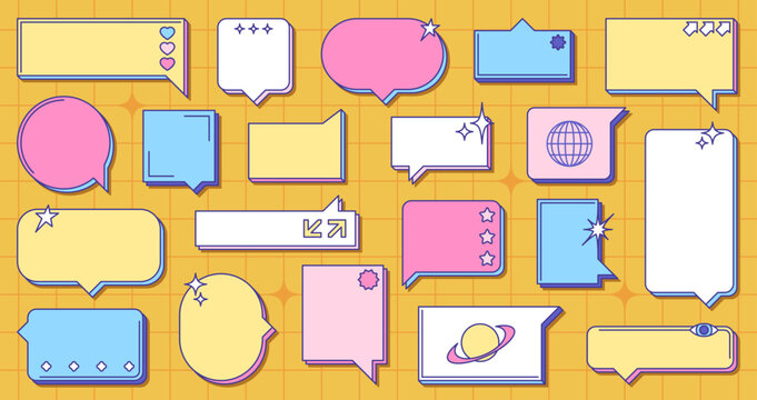 Retro Memphis speech bubbles in 80s style. Vector set of dialogue balloons in array of shapes and sizes, with playful symbols like hearts, stars and planets. Pink, blue, yellow text boxes on grid page