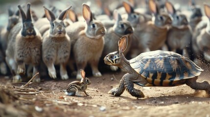 Fototapeta premium Turtle running in a race leading a large group of rabbits, in strategy and determination concept