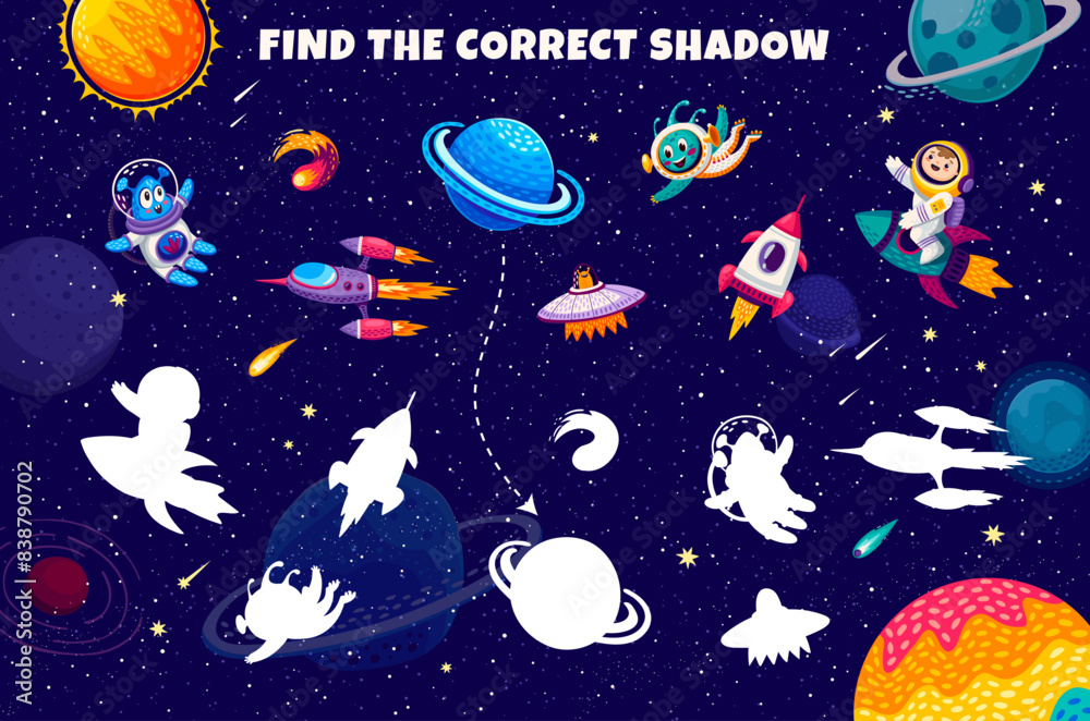 Poster kids game, find the correct shadow of galaxy space objects. silhouette find child game, shadow match