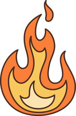Cartoon retro groovy fire flames symbol. Isolated vector blaze element, symbolizes transformation, passion, and destruction, used in rituals, and art to represent energy, warmth, and the cycle of life