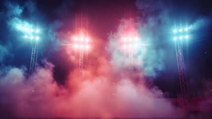 Bright stadium arena lights, Smoke bombs, empty dark scene, neon light,