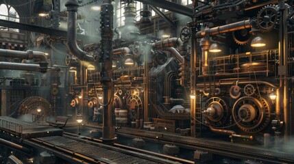 Industrial factory interior with complex machinery, pipes, and steam. Vintage steampunk aesthetic with detailed mechanical parts.