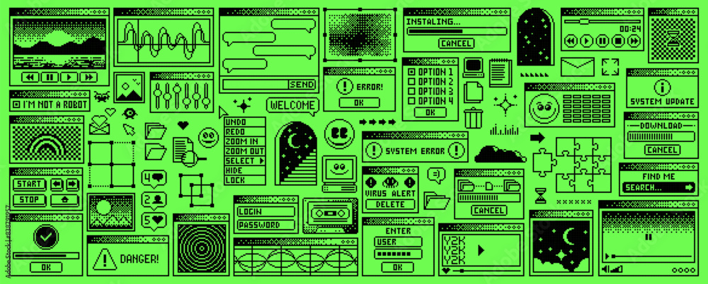 Poster Rave y2k window page, computer interface menu. Vector pc desktop with folders, loading bar. Program error, e-mail, browser and icons. Acid toxic green screen background in old 2000s aesthetic style