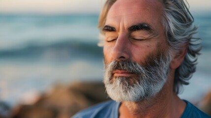 close up of the face of a handsome middle-aged man with a thick beard closing his eyes on the beach - Powered by Adobe