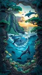 Fototapeta premium Dolphins Dolphin Swimming Jumping Hawaii Coast Ocean Sea at Sunrise Sunset Paper Cut Mobile Cell Phone Wallpaper Background Illustration