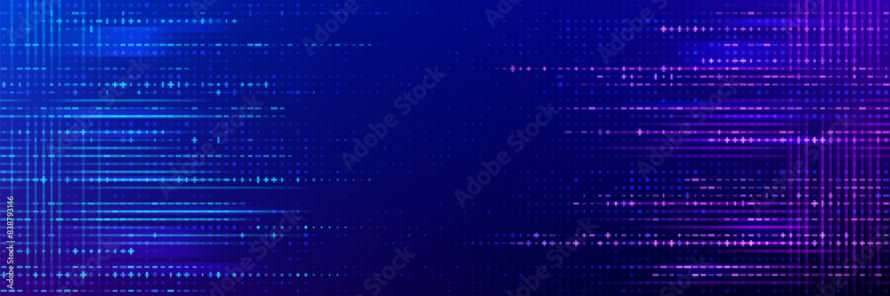 Aufkleber Game glitch background, vector pattern with blue and purple disrupted horizontal lines, dots and digital pixelated noise that emulate visual disruption or glitch effect in video games or digital media