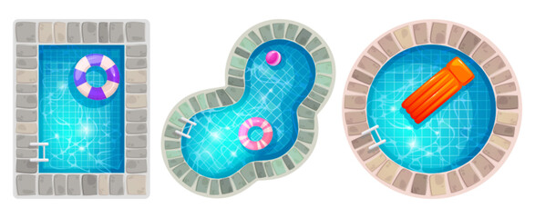 Top view on pools of different shapes with inflatable rings and mattress on blue water with ripple effect. Cartoon vector set of bottom summer outdoor swimming objects with floating rubber toys.