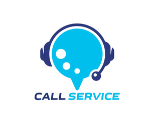Call center icon of customer support service. Hotline help phone or customer support call service vector symbol with telephone headset. Blue speech bubble of online chat with headphones, microphone