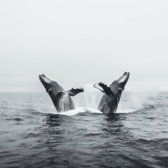 Obraz premium Two whales breaching together