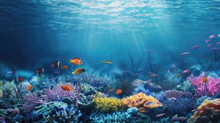 Fototapeta premium Underwater with colorful sea life fishes and plant at seabed background, Colorful Coral reef landscape in the deep of ocean. Marine life concept