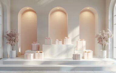 Elegant pedestal arrangement, pastel hues, bright lighting, diverse white boxes, symmetrical composition, chic packaging design