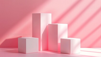 Modern pedestal design with elegant pastel background, brightly lit closeup, white box in various sizes, symmetrical elements, elegant package design